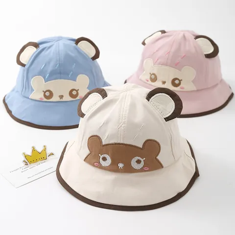 Toddler Baby Fisherman Hat Cotton Blend Cartoon Bear Embroidery Three Dimensional Ears Sun Protection Bucket Hat For Kids Infants