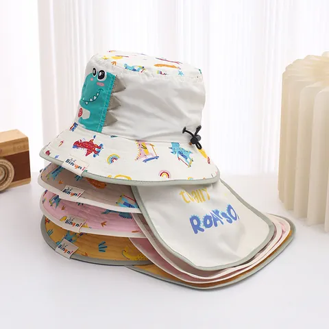 Children Cute Dinosaur Pattern Quick Dry Sun Hat Outdoor Summer Adjustable Windproof Bucket Hat With Neck Protection Flap