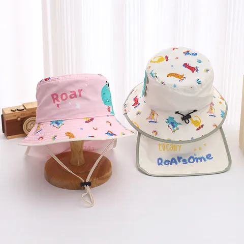 Children Cute Dinosaur Pattern Quick Dry Sun Hat Outdoor Summer Adjustable Windproof Bucket Hat With Neck Protection Flap