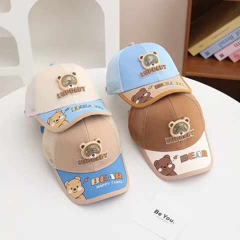 Gorra de Béisbol Transpirable de Malla para Niños Diseño de Oso de Dibujos Animados Bloques de Color Ajustable Sombrero de Verano