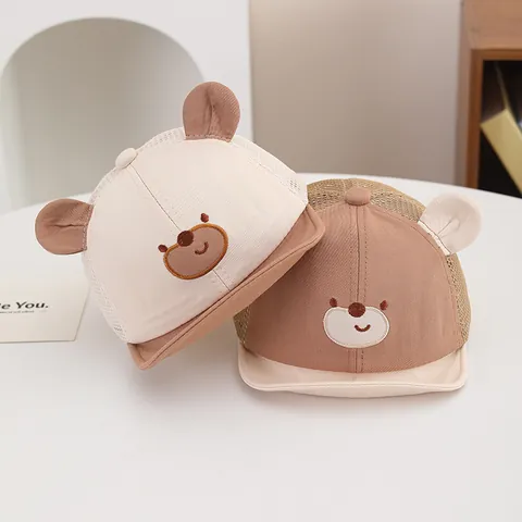 Berretto da Baseball in Maglia Traspirante per Neonati Carino Orso Orecchie 3D Ricamo Tesa Morbida Cappello Parasole per Bambini Estate