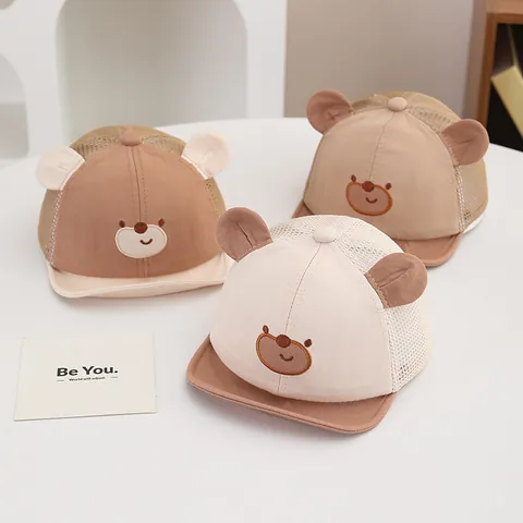 Berretto da Baseball in Maglia Traspirante per Neonati Carino Orso Orecchie 3D Ricamo Tesa Morbida Cappello Parasole per Bambini Estate