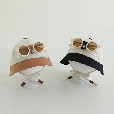 Cappello da Sole a Rete Estivo per Bambini Con Occhiali da Sole Decorativi Cappello da Pescatore Traspirante per Neonati Bambini Ragazze Spiaggia