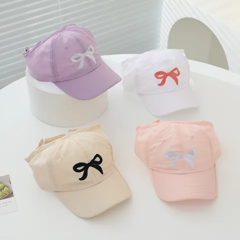 Cappello da Sole a Rapida Asciugatura per Bambini Con Ricamo a Fiocco Buco per Coda di Cavallo Berretto da Baseball Regolabile