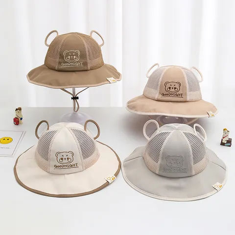 Kleinkind Kinder Niedlicher Anglerhut Netz Atmungsaktiv Sommer Sonnenhut Mit 3D Bärenohren Cartoon Bär Stickerei Seil