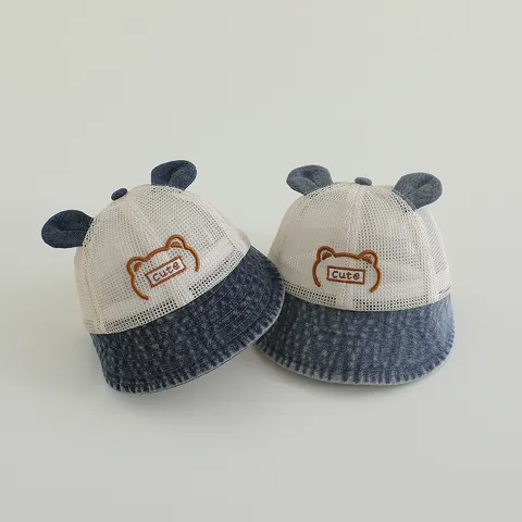 Süßer Baby Sommer Mesh Anglerhut 3D Ohren Cartoon Bär Stickerei Atmungsaktiver Denim Sonnenhut Für Kleinkinder Jungen Mädchen