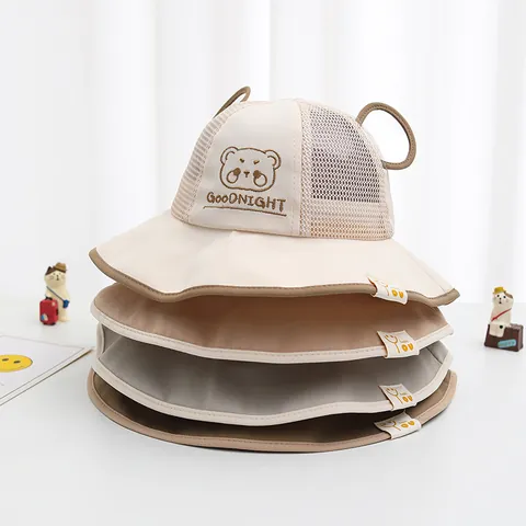 Kleinkind Kinder Niedlicher Anglerhut Netz Atmungsaktiv Sommer Sonnenhut Mit 3D Bärenohren Cartoon Bär Stickerei Seil