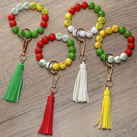 Christmas Elk Wood Bead Wristlet Keychain With PU Leather Tassel Fashion Beaded Bracelet Key Ring Holder For Women Festive Decor
