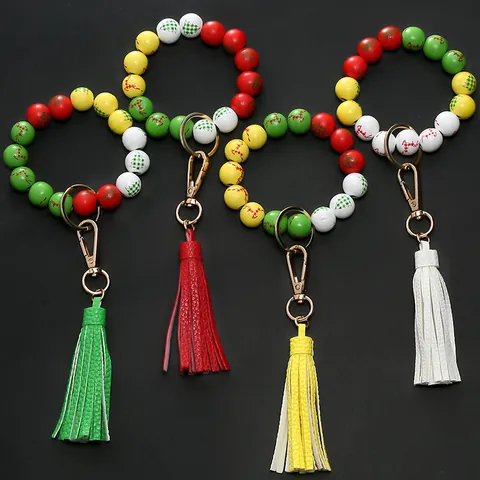 Christmas Elk Wood Bead Wristlet Keychain With PU Leather Tassel Fashion Beaded Bracelet Key Ring Holder For Women Festive Decor