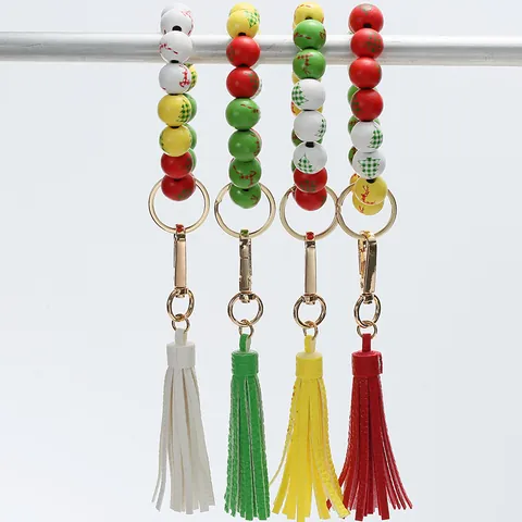 Christmas Wooden Beaded Wristlet Keychain With PU Tassel Elk Christmas Tree Pattern Alloy Lobster Clasp Holiday Gift Bracelet Keyring