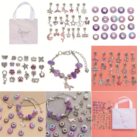 DIY Bettelarmband Schmuckherstellung Kit Für Mädchen Frauen Lila Thema Set Mit Legierung Anhänger Glasperlen Schlangenkette Einhorn Schneeflocke Herz Anhänger Geschenkbox
