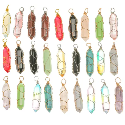 Naturstein Sechseckige Säule Anhänger Set Für DIY Schmuckherstellung Gold Silber Drahtgewickelt Kristall Quarz Punkt Heilstein Anhänger