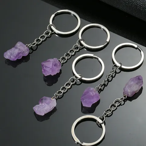 Natural Amethyst Raw Stone Keychain Irregular Purple Crystal Rough Mineral Pendant With Silver Metal Ring For Bag Jewelry Gift