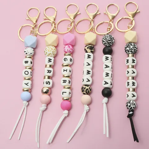 Silicone Bead Keychain With Tassel MAMA Letter Beads Leopard Print Key Ring For Mother's Day Gift Women Bag Accessory