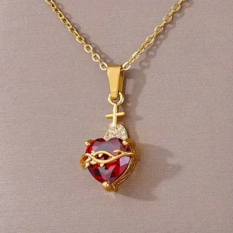 Vintage Gold Plated Stainless Steel Heart Necklace Red Zirconia Pendant With Cross Thorns Religious Jewelry For Women