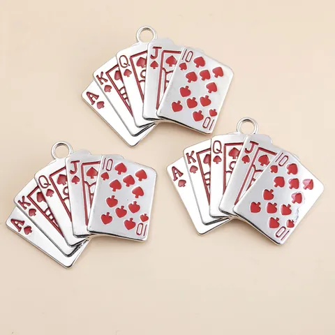 Alloy Poker Card Straight Flush Pendant Red Black Enamel Spade Heart Charms For DIY Necklace Bracelet Hip Hop Jewelry Making