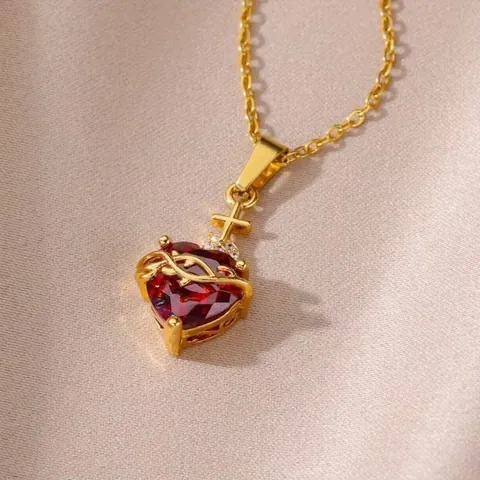 Vintage Gold Plated Stainless Steel Heart Necklace Red Zirconia Pendant With Cross Thorns Religious Jewelry For Women