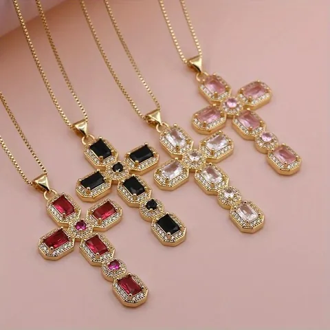 Fashion Gold Plated Copper Zirconia Cross Pendant Necklace Elegant Micro Inlaid Colorful Square Zircon Box Chain Religious Jewelry For Women