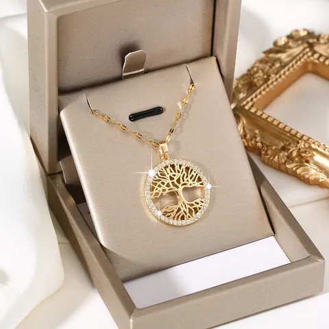 Lebensbaum Schmuckset Damen Kupfer Zirkonia Halskette Und Ohrringe Vergoldet Hohl Design Modeschmuck Set