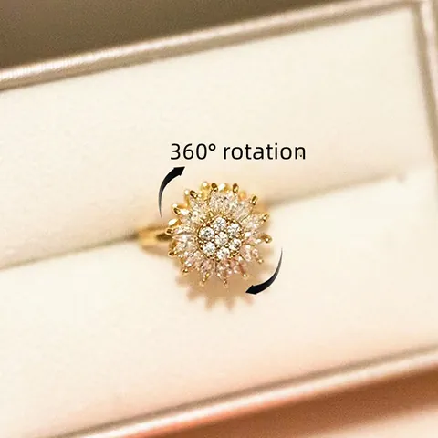 Rotating Sunflower Open Ring For Women Copper Inlaid Zirconia Stress Relief Anxiety Spinner Finger Ring Jewelry Gift