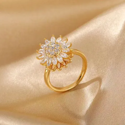Rotating Sunflower Open Ring For Women Copper Inlaid Zirconia Stress Relief Anxiety Spinner Finger Ring Jewelry Gift