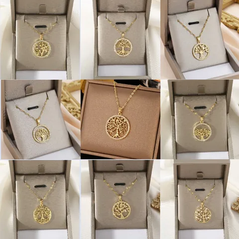 Gold Plated Copper Zirconia Tree Of Life Pendant Necklace For Women Elegant Hollow Heart Leaf Design Fashion Jewelry Gift