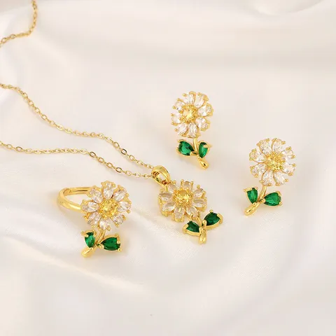 Zirconia Sunflower Daisy Necklace Earrings And Ring Alloy 925 Silver Pendant Gold Plated Women Wedding Jewelry Accessory