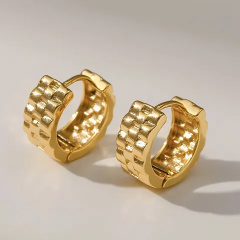 Gold Plated Copper Huggie Hoop Earrings Embossed Checkered Pattern Geometric Vintage Industrial Style Jewelry