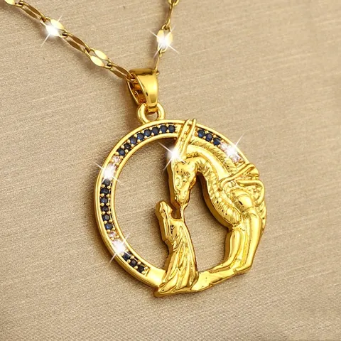 Fantasy Dragon And Princess Silhouette Pendant Necklace Copper Zirconia Inlaid Round Relief Choker For Women Luxury Jewelry Gift
