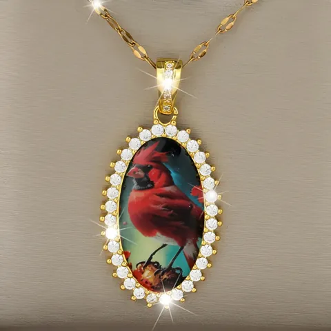 Collana con Pendente Ovale Uccello Cardinale in Rame Micro Pavimentato in Zirconia di Lusso Gioielli di Natale Regalo Per Donna