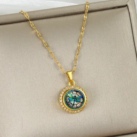 Collana con Pendente a Libellula Ruotabile in Rame Placcato Oro Tondo Zirconia Rotante Gioielli Antistress per Donna