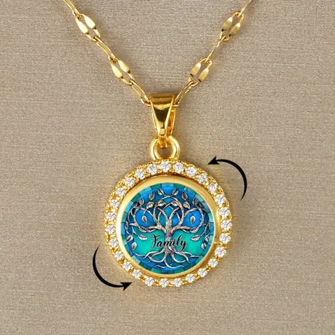 Rotating Tree of Life Family Pendant Necklace Copper Micro Inlaid Zircon Gold Chain Necklace For Women Anniversary Jewelry Gift