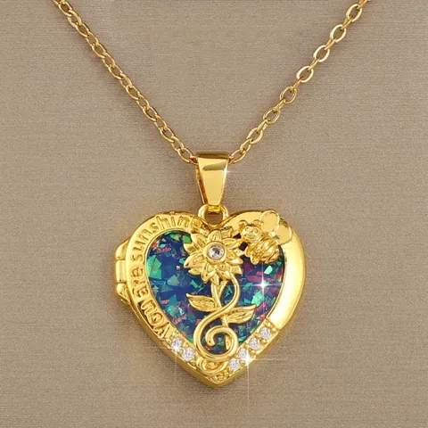 Collier Médaillon Coeur En Cuivre Plaqué Or Zirconia Pour Femmes Pendentif Ouvrable Tournesol Abeille Bijoux Cadeau You Are My Sunshine