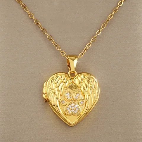 Vergoldete Kupfer Herz Medaillon Halskette Mit Engelsflügeln Und Zirkonia Pfotenabdruck Anhänger Damen Schmuck Geschenk