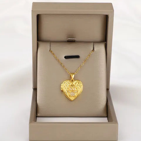 Vergoldete Kupfer Herz Medaillon Halskette Mit Engelsflügeln Und Zirkonia Pfotenabdruck Anhänger Damen Schmuck Geschenk