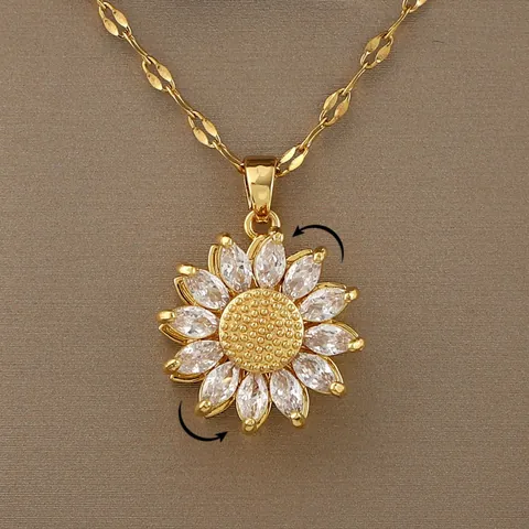 Rotatable Sunflower Pendant Necklace Women Gold Plated Copper Cubic Zirconia Elegant Zircon Inlaid Rotating Flower Fashion Jewelry