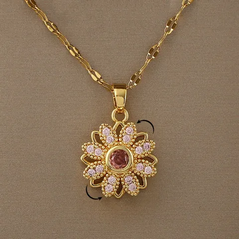 Roterende Zonnebloem Hanger Ketting Dames Koper Micro-Ingelegde Roze Zirkonia Vergulde Sieraden Voor Stressverlichting