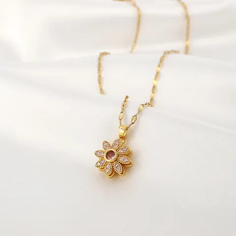 Roterende Zonnebloem Hanger Ketting Dames Koper Micro-Ingelegde Roze Zirkonia Vergulde Sieraden Voor Stressverlichting