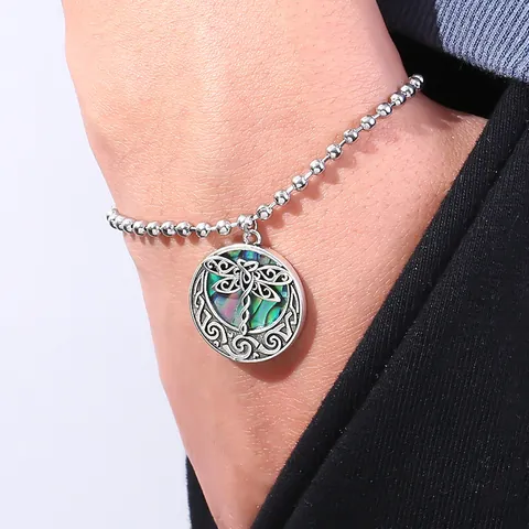 Vintage Edelstahl Libelle Abalone Muschel Charm Armband Für Damen Boho Rundkugel Kette Irisierend Hand Schmuck Geschenk