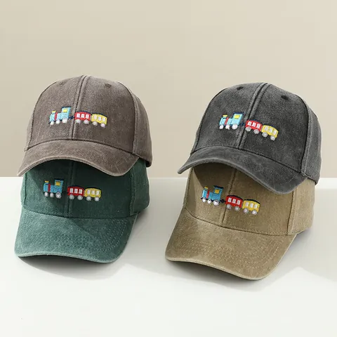 Kids Cartoon Train Embroidery Washed Cotton Baseball Cap For 2-6 Years Old Boys Girls Adjustable Sun Shade Hat