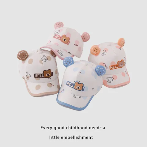 Cappellino da Baseball Orso Cartone Animato per Bambini Misto Cotone Cappello Sole Pois Orecchie 3D per Neonati Maschi Femmine