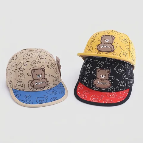 Kids Cartoon Bear Flat Brim Baseball Cap Hip Hop Hat Sunshade Outdoor Sun Protection Cotton Blend Breathable Cap For Boys Girls