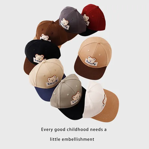 Kids Baseball Cap With 3D Plush Bear Patch Lucky Letter Embroidery Patchwork Flat Brim Hip Hop Sun Hat For Boys Girls
