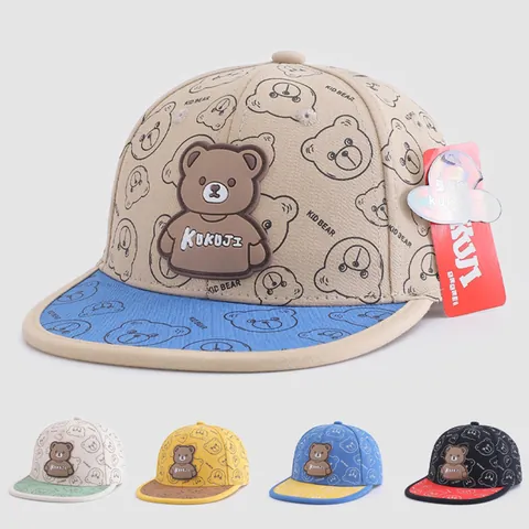 Kids Cartoon Bear Flat Brim Baseball Cap Hip Hop Hat Sunshade Outdoor Sun Protection Cotton Blend Breathable Cap For Boys Girls