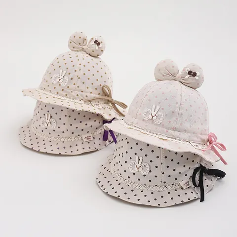 Cute Baby Girl Polka Dot Bucket Hat With Large Bow Rabbit Patch Lace Trim Cotton Summer Sun Protection Fisherman Hat