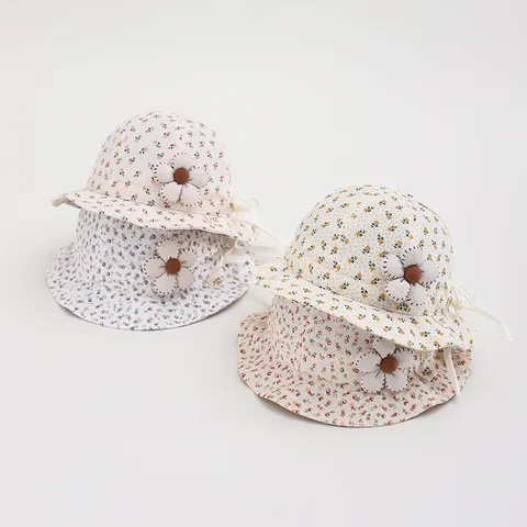 Toddler Baby Girl Floral Bucket Hat Cotton Polyester Sun Protection Hat With 3D Flower Bowknot Adjustable Chin Strap Kids Summer Hat