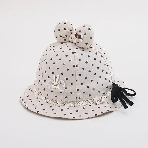 Cute Baby Girl Polka Dot Bucket Hat With Large Bow Rabbit Patch Lace Trim Cotton Summer Sun Protection Fisherman Hat