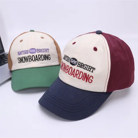 Kids Color Block Baseball Cap Retro Letter Embroidery Peaked Hat Adjustable Breathable Cotton Blend Sunshade Outdoor Cap