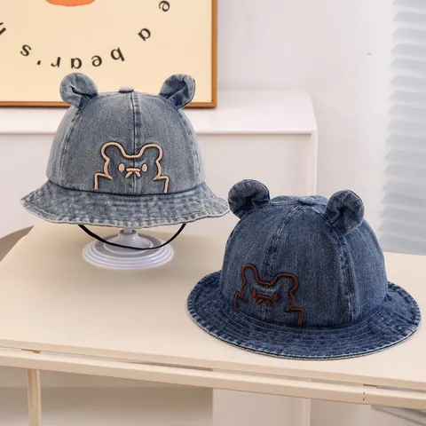 Sombrero de Pescador de Denim para Niños Con Orejas de Oso Gato 3D Bordado de Dibujos Animados Lindo Gorra de Protección Solar para Bebés