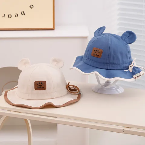 Chapeau de Soleil pour Bébé et Enfant en Coton à Bord Large Bob avec Oreilles 3D Écusson Smiley Lucky et Mentonnière Réglable